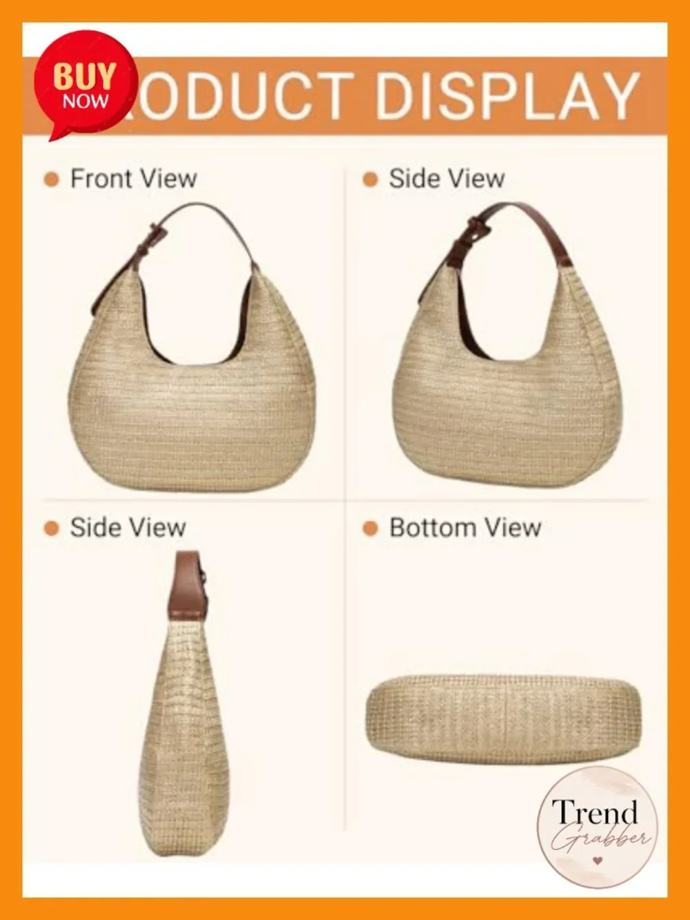 Hobo Crescent Straw Handbag with Adjustable Strap - Summer Beach Tote